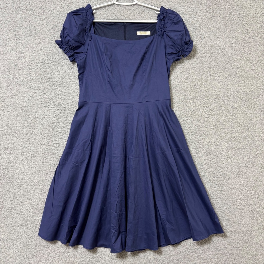 Navy Puff Sleeve Midi Dress Pockets Fit & Flare Romantic Cottagecore Feminine XL